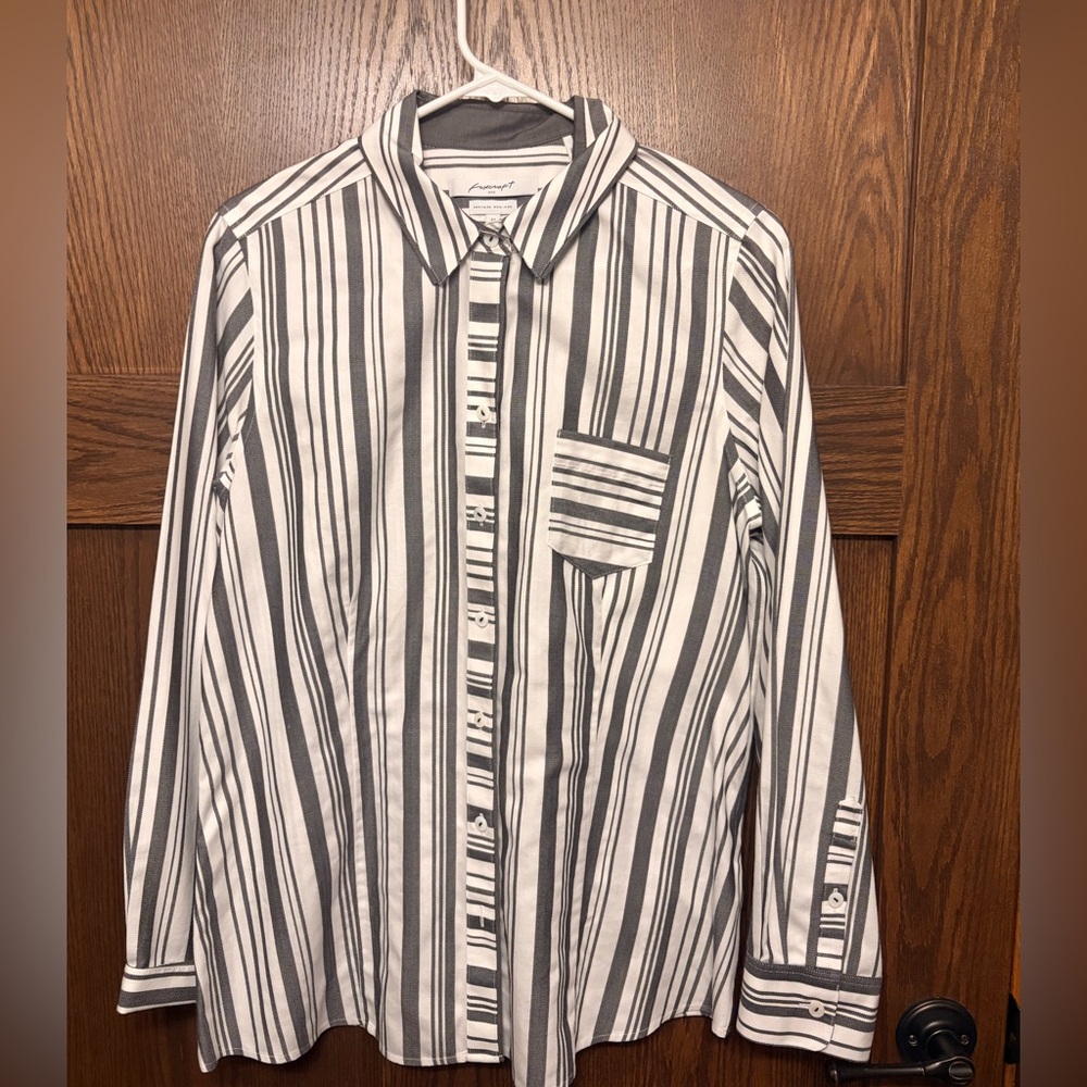 Foxcroft Black and White Striped Button Down Shirt